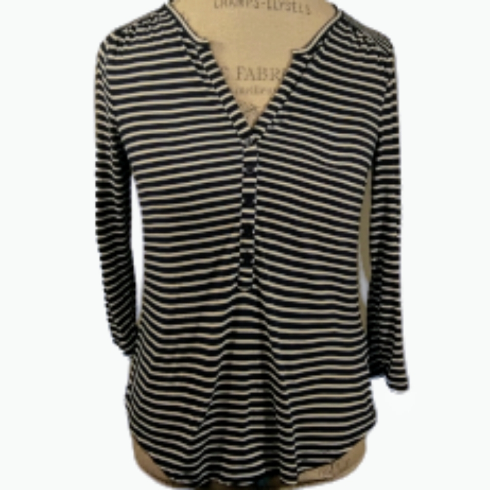 Blue and white striped 3/4 sleeve button neck top